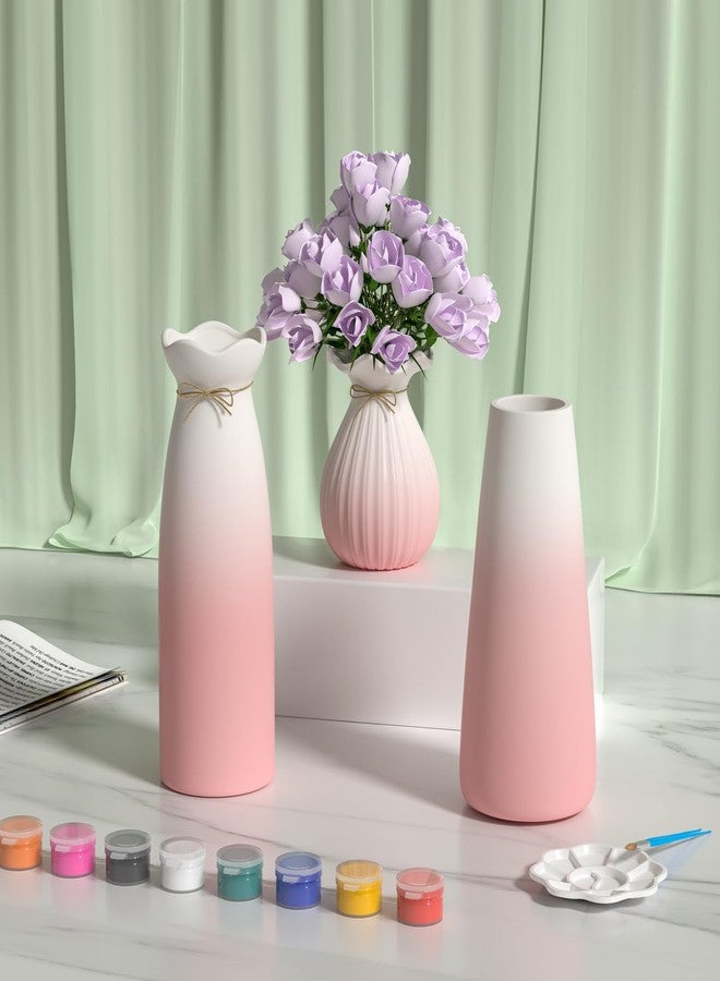 OERGKE 3-Pack Ceramic Vase with Painting Kit, Small vases for Flowers, Modern Rustic Boho Vases for Home Living Room Farmhouse Decor Dining Table Bedroom Table and Kitchen Shelf (Pink) - Image 1